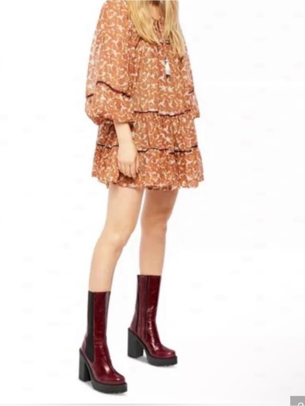Free People NWT Free Swinging Burnt Orange Floral Tiered Mini Dress M - Picture 4 of 13